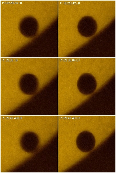 两组接触时刻的照片。左侧质量较差的照片中可以看到黑滴现象。