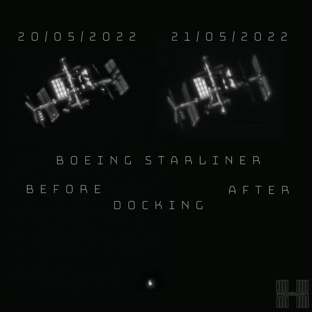 波音星际客船对接前后的国际空间站。