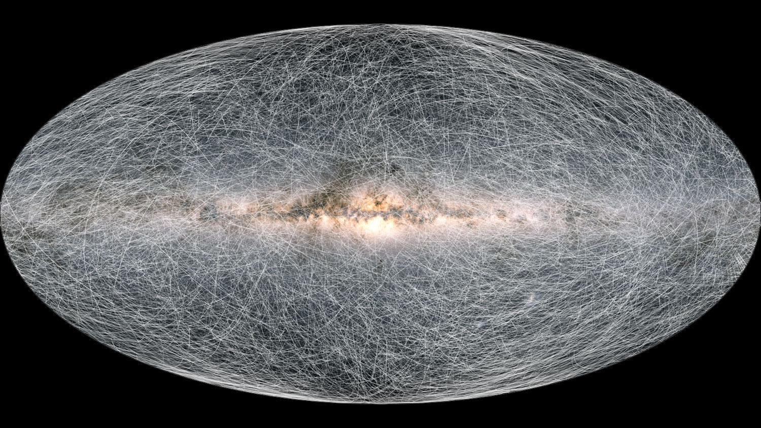 这张图片上的轨迹显示了40000颗恒星未来40万年的运动轨迹，它们全部位于距离太阳系326光年的范围内。来源：ESA