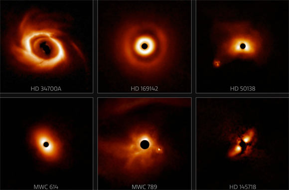 这些年轻的大质量恒星周围的尘埃盘图像是用南双子座望远镜上的行星成像仪 (GPI) 仪器拍摄的。 图片来源：双子座天文台