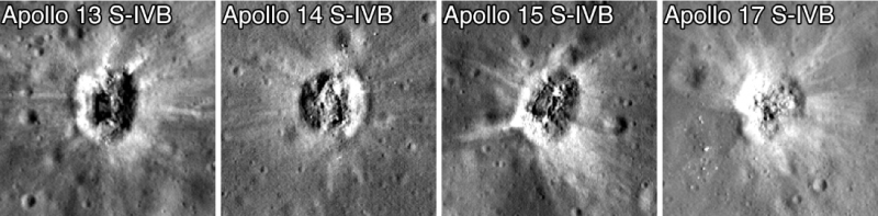 这4张图片显示了阿波罗 SIV-B 火箭级撞击形成的陨石坑：陨石坑的直径范围从35到40米。图片来源: NASA/Goddard/Arizona State University。