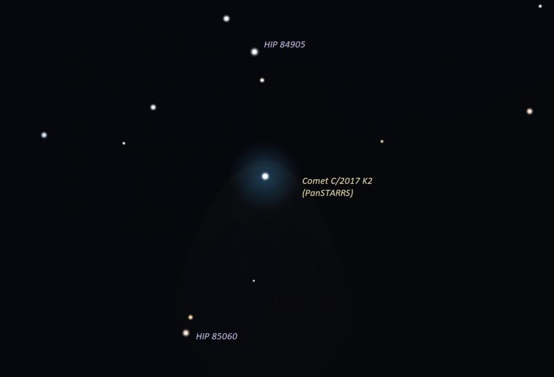 7月2日晚上22时左右的参考，可以选择HIP84905作为参考星进行goto寻星。插图: Eddie Irizarry/Stellarium