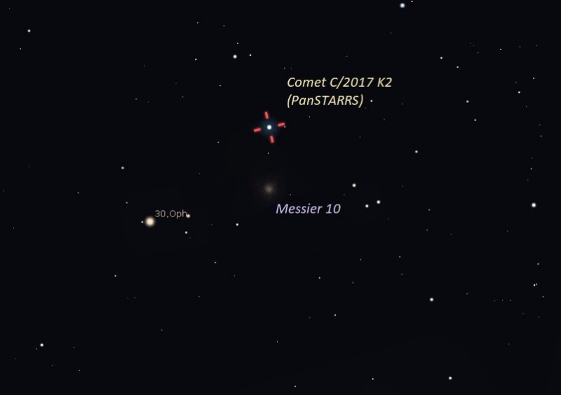 7月14日晚上，彗星将与M10星团接近，但当天月光影响很大。插图: Eddie Irizarry/Stellarium