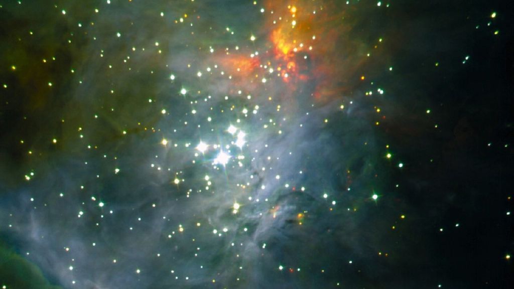 猎户座星云中心区域的近红外图像的彩色合成图，其中包括猎户四边形星团。(图片来源: ESO)
