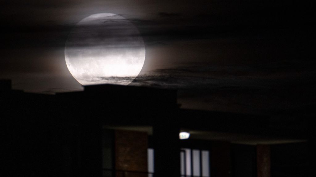 超级月亮升起在艾恩德霍芬的居民区上空，在建筑物和云层之间。图片来源: Nicolas Economou/NurPhoto via Getty Images