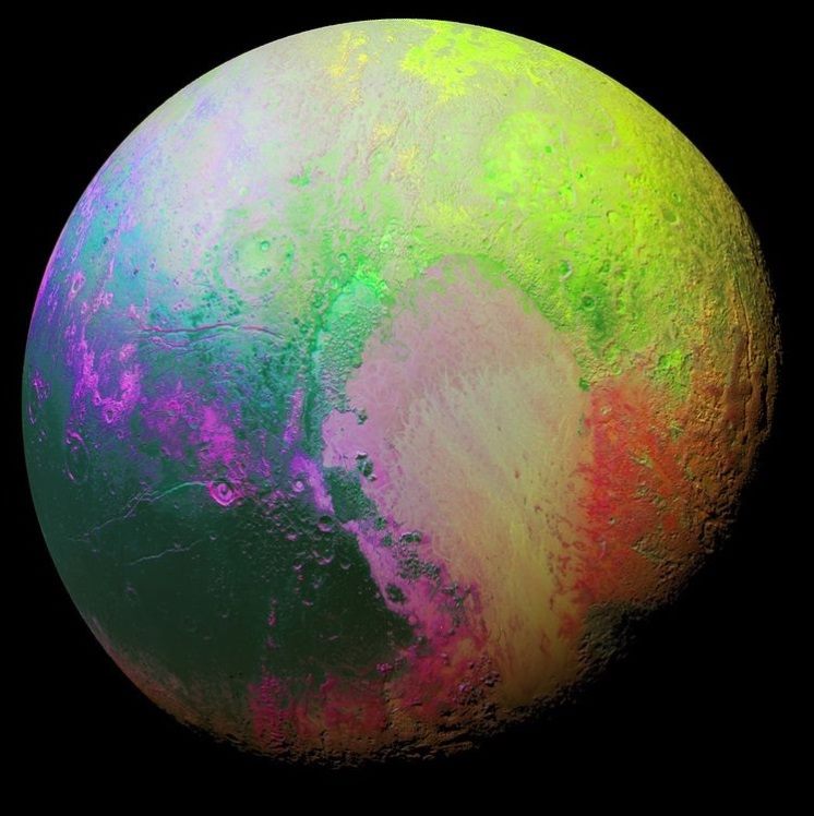 冥王星假色合成影像。图片来源：NASA/JHUAPL/SwRI
