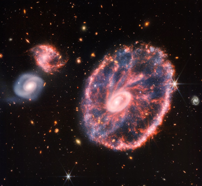 詹姆斯·韦伯空间望远镜的最新目标是车轮星系。它位于5亿光年之外。图片来源: NASA/ESA/CSA/STScI。