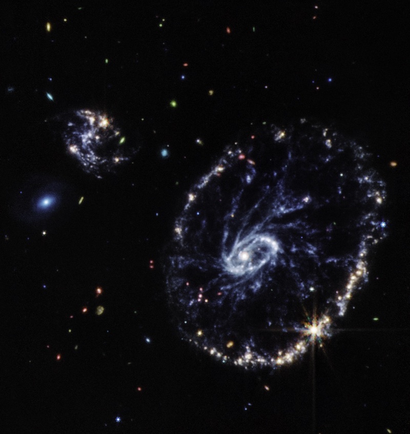 韦伯的中红外线仪(mIRI)显示了车轮星系和一些同伴。图片来自 NASA/ESA/CSA/STScI/Webb ERO。