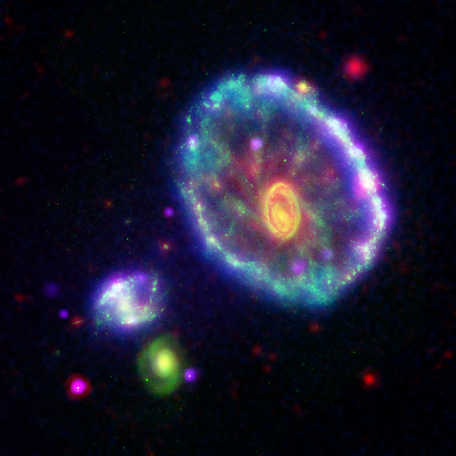 此前拍摄的车轮星系。来源：NASA/JPL-Caltech/P. N. Appleton (SSC/Caltech)