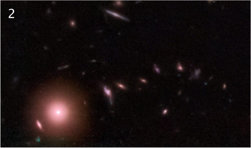 左边是圆形的微红色星系，右边是较小的星系串。来源：NASA