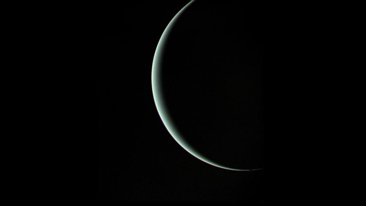 旅行者2号于1986年1月25日拍摄了这张天王星的照片，当时航天器离开了天王星，启程前往海王星。即使在这个极端的角度，天王星仍然保持着地面天文学家所看到的淡蓝绿色，旅行者号在这次历史性的相遇中记录了这种颜色。来源：NASA