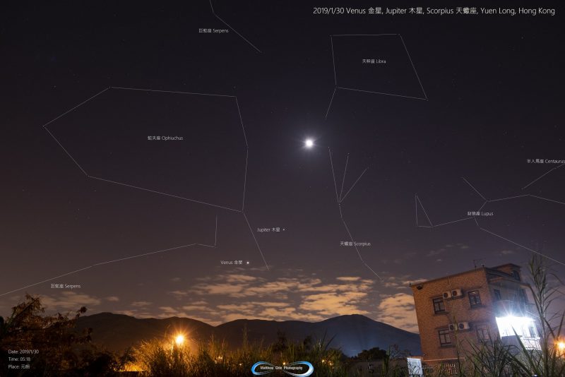 于2019年1月30日在多个星座中捕捉到月球、金星和木星。作者：Matthew Chin