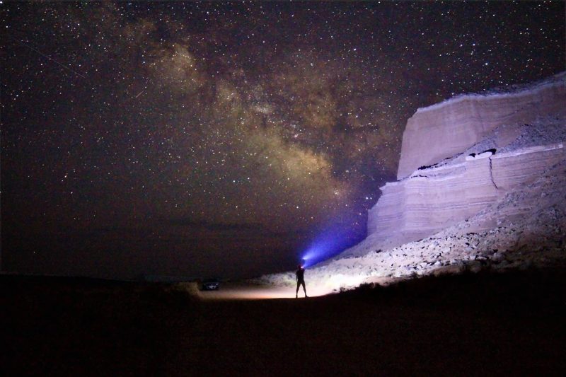 头灯照亮岩石峭壁，银河在背景中的人。作者：Steve Price