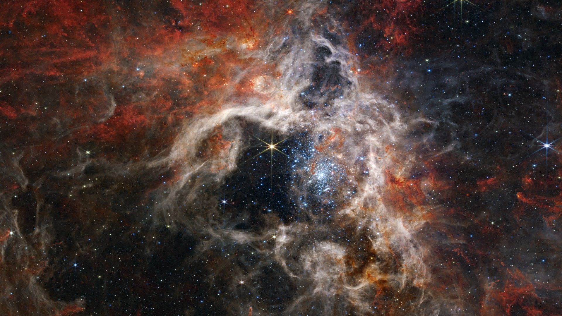 韦伯望远镜通过其近红外相机拍下了蜘蛛星云的恒星形成区域，在这之中有着数以万计此前未被观测到的年轻恒星。