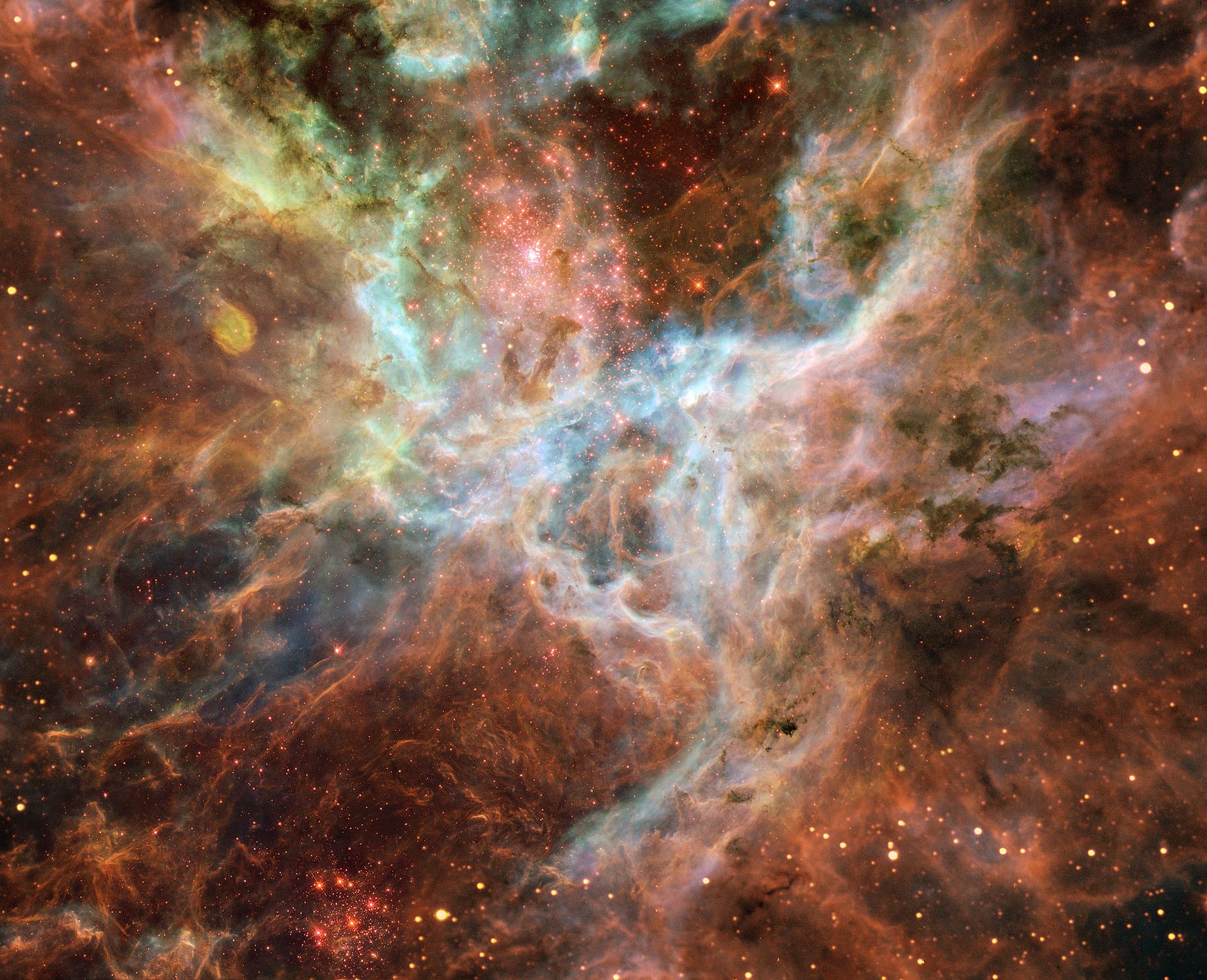 蜘蛛星云的核心部分; 由哈勃太空望远镜拍摄的15张照片拼接而成. 版权: NASA/ESA/Danny LaCrue.