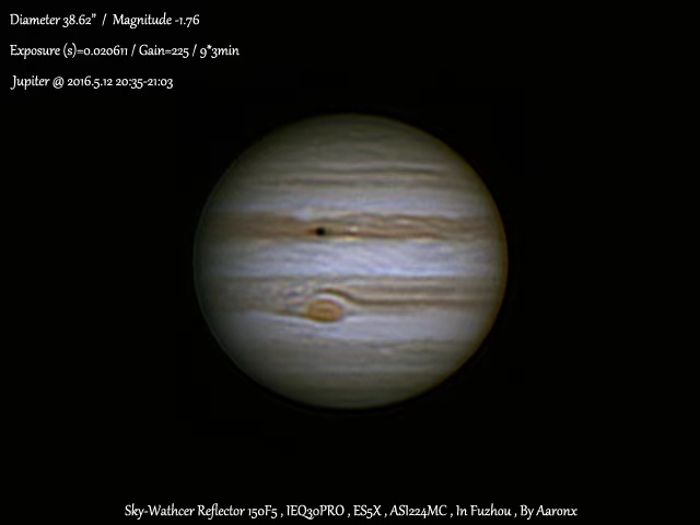 老A于2016年使用6寸望远镜拍摄的木星，当时视直径约为38.6角秒。