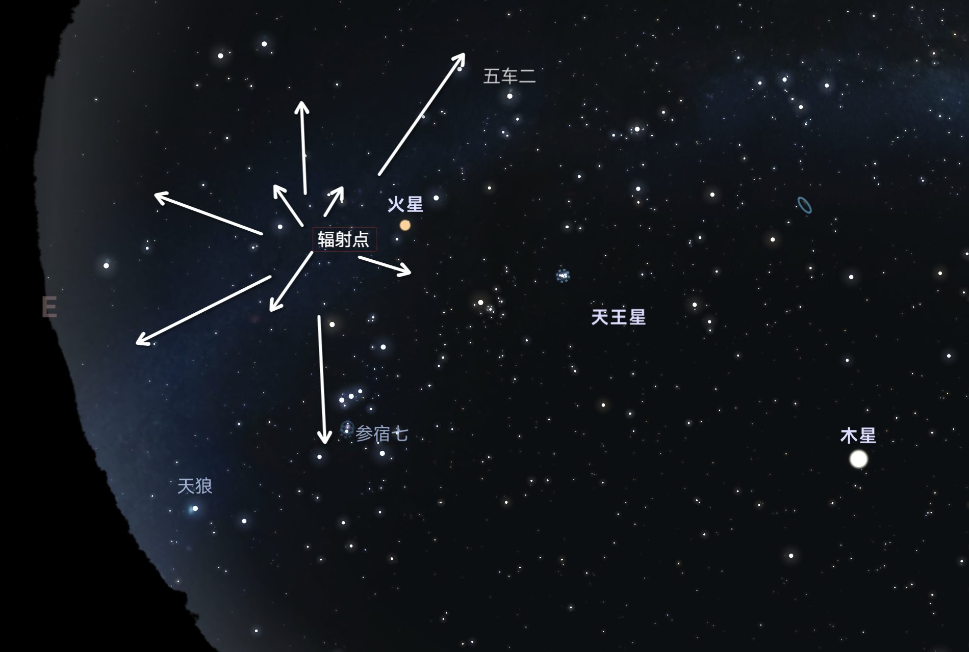猎户座流星雨10月21日24时星空与行星位置示意图。来源：天文通APP