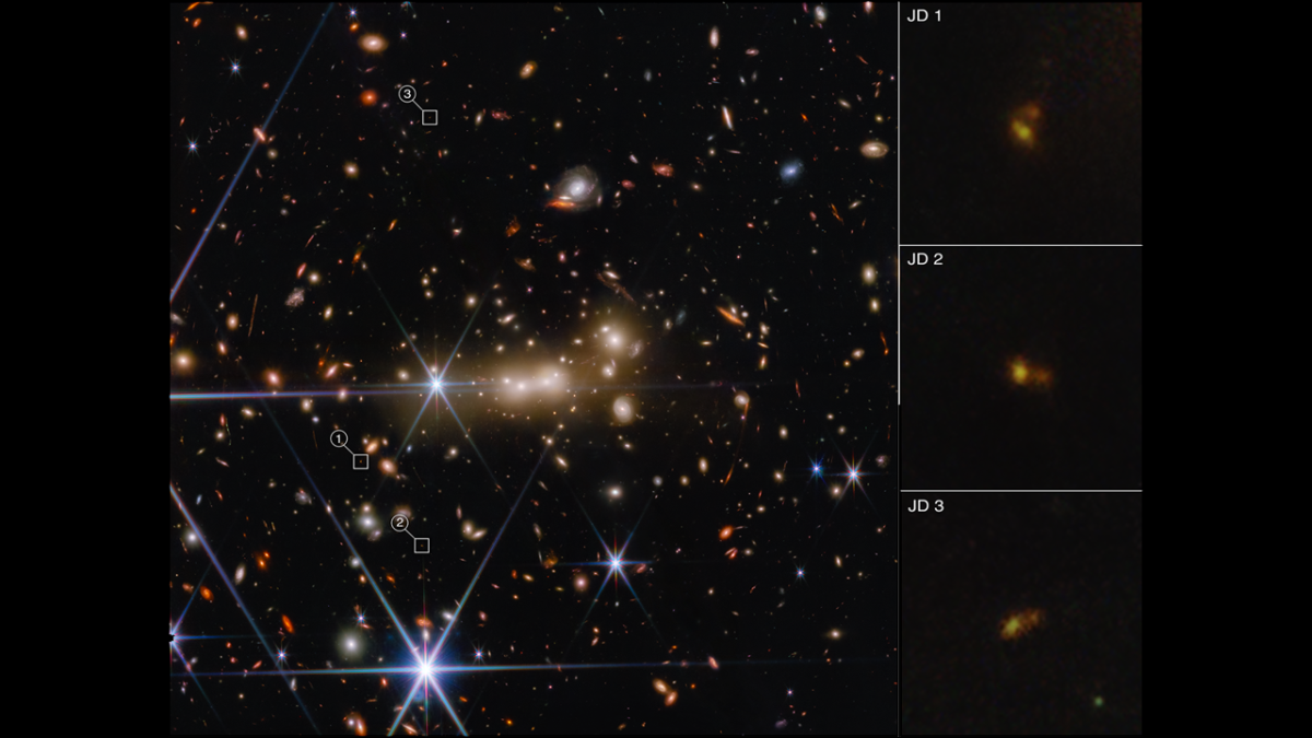星系团 MACS0647 的巨大引力以引力透镜作用让其他隐秘的天体有迹可循。图片来源：NASA、ESA、CSA、STScI 和 Tiger Hsiao
