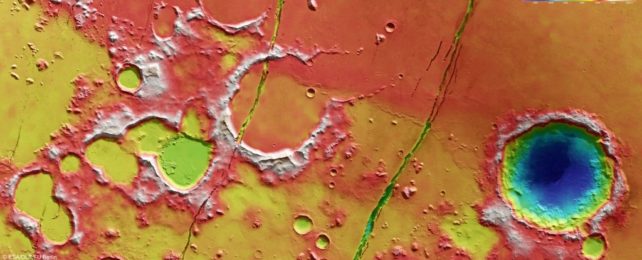 科柏洛斯槽沟的地形图，红色和白色表示海拔较高，蓝色和绿色则表示较深的地形。来源：ESA