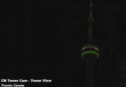 飞掠加拿大国家电视塔的动图。