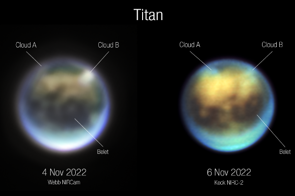 土卫六。左：韦伯11月4日拍摄；右：凯克天文台11月6日拍摄。图片来源：NASA、ESA、CSA、Webb Titan GTO Team/Alyssa Pagan (STScI)