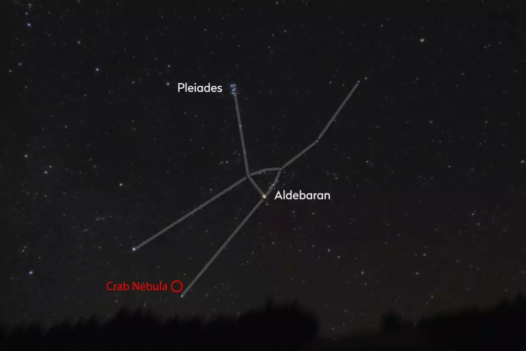 用M45昴星团来帮助你找到金牛座，然后找到毕宿五和M1蟹状星云。来源: Bernard Hubl/CCDGuide.com