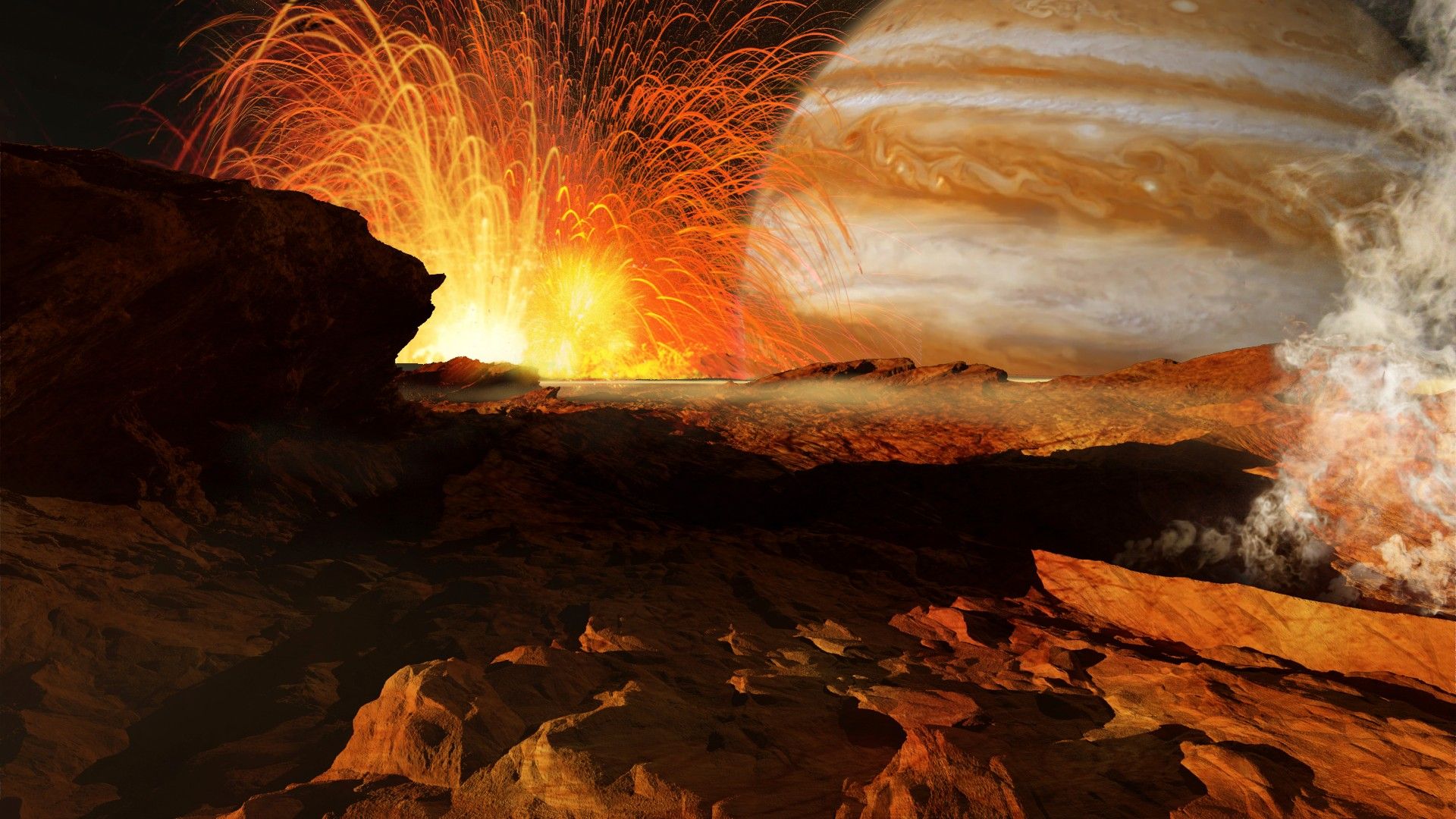 木卫一表面的插图，它是太阳系中火山最多的天体。（图片来源：Ron Miller/Getty Images）