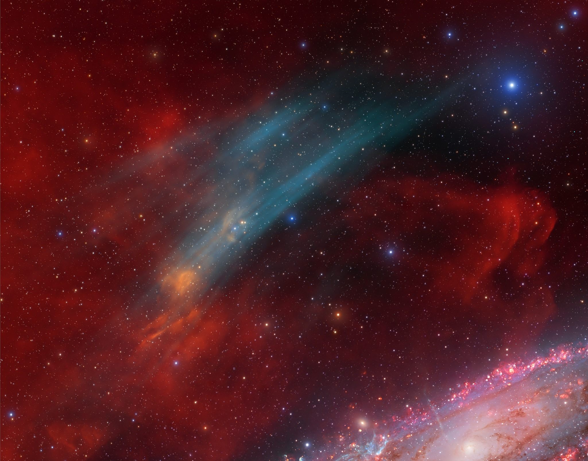 新发现星云的高解析力影像，结合了宽频的RGB彩色影像，与O III和Hα的窄带影像。