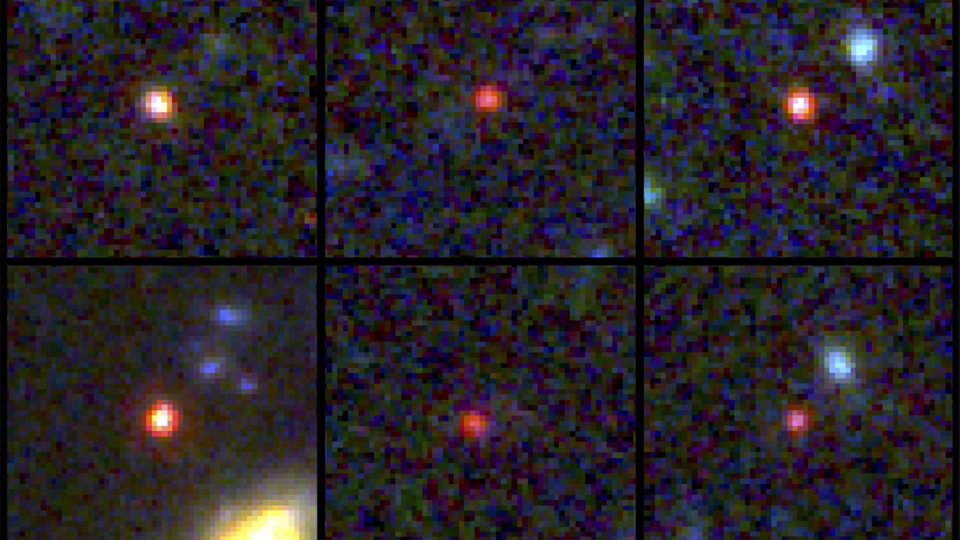 这六个星系可能会迫使天文学家改写一些关于早期宇宙的书籍。 （图片来源：NASA、ESA、CSA、I. LABBE）