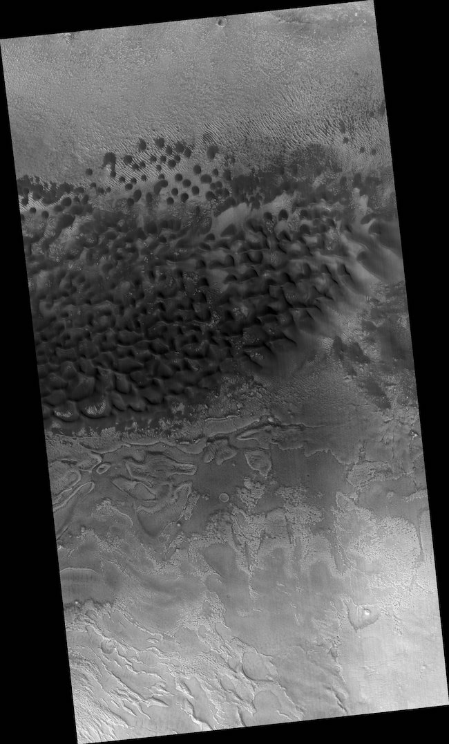 这张更大视野的图片展示了圆形沙丘周围的区域。较小的圆形沙丘位于较大沙丘区域的顶部边缘之上。图片来源: NASA/JPL-Caltech/University of Arizona