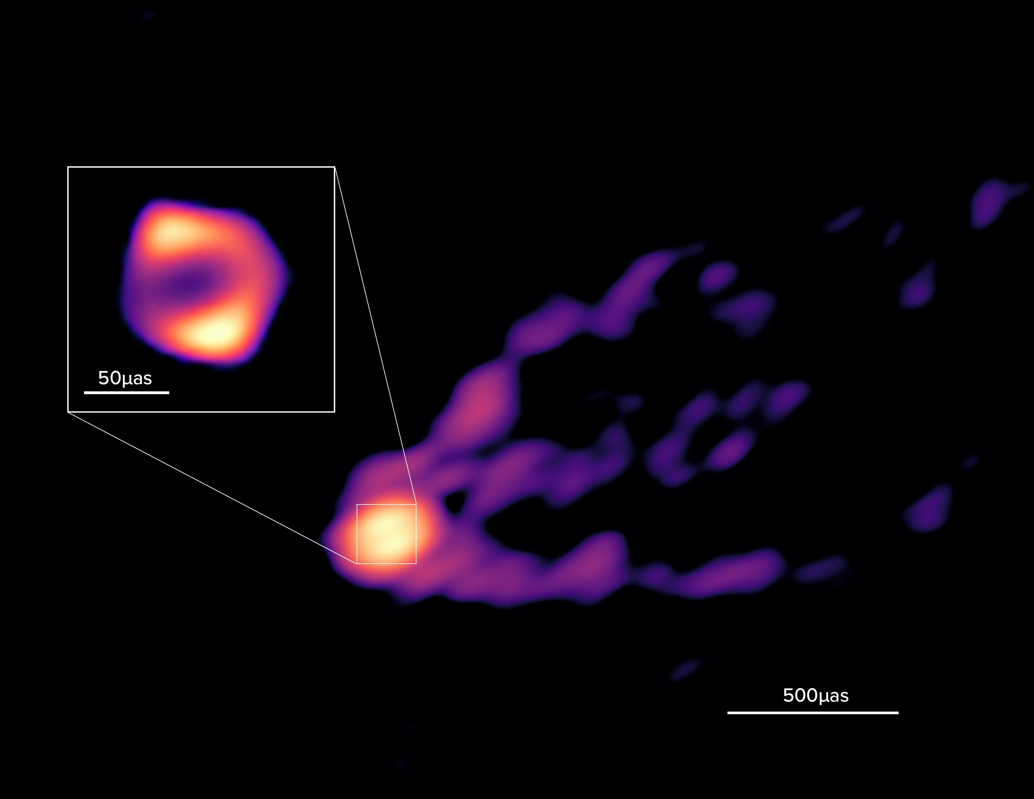 M87喷流和黑洞阴影在毫米波段的VLBI影像，由加入了ALMA和格陵兰望远镜的GMVA取得。图片来源：Lu, Asada, et al. (2023)