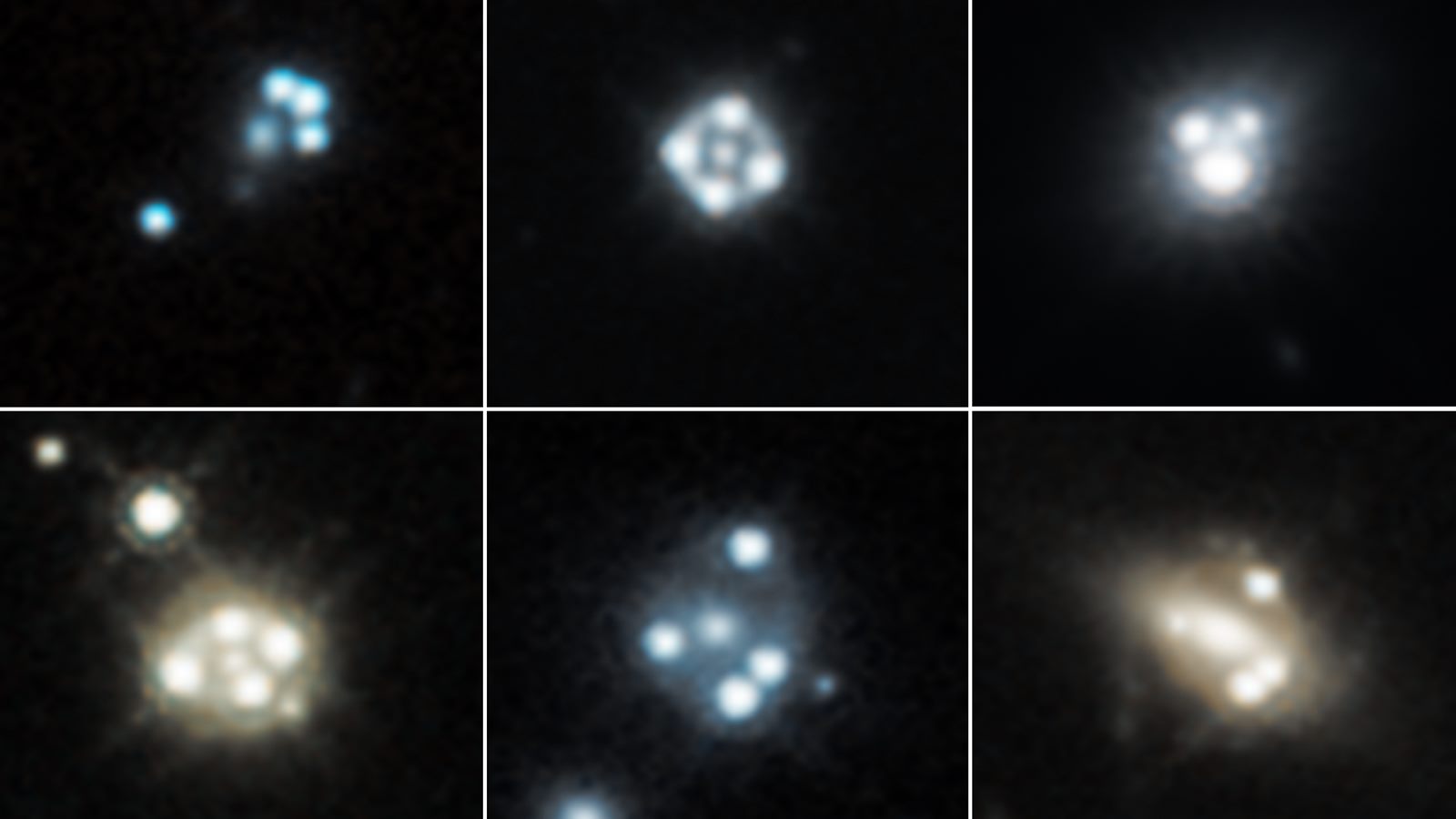引力透镜作用下远方的星系分散为多个影像。（来源：NASA）