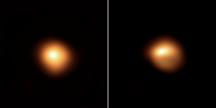 甚大望远镜拍摄的两张参宿四图像。 左边是 2019 年 1 月的景象，右边是 2019 年 12 月的景象，揭示了恒星亮度发生了变化。 图片来源：图片来源：ESO/M。 Montargès 等。